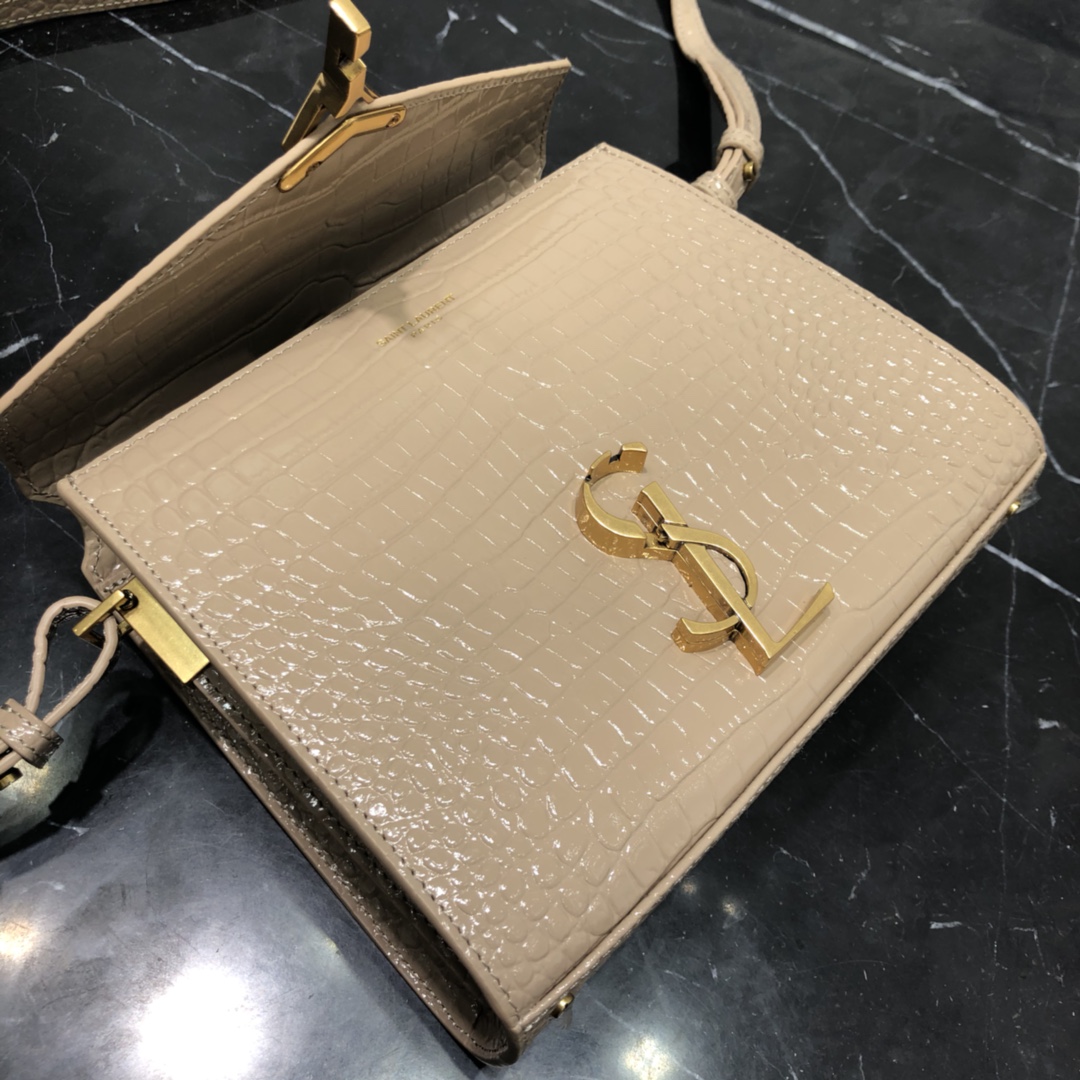 Saint Laurent Cassandera Mini Crocodile Embossed Bright Calfskin Handbag Shoulder Bag Apricot 623930